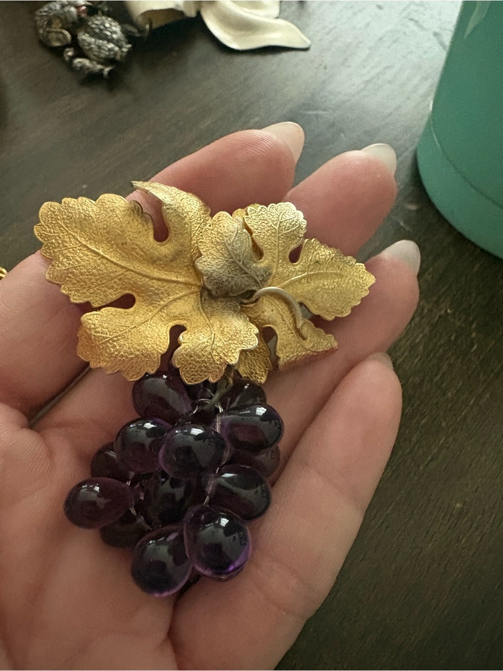 Vintage Napier Gold Leaf and Purple Grape Cluster Brooch - Women Accessories